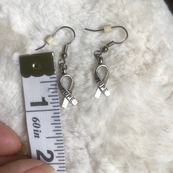 Dangly Silver Earrings with Breast Cancer Hope Ribbon - Picture 2 of 4